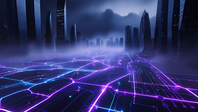Futuristic neon cityscape with glowing digital pathways and atmospheric fog