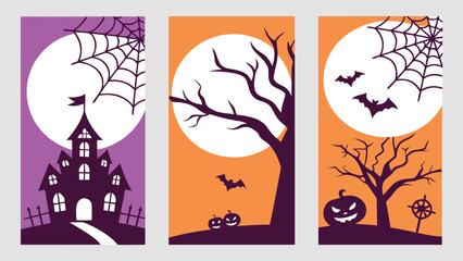 Halloween Trick or Treat Party Poster Design Set with Pumpkins, Ghosts, Bats, Spiders, Webs, Cutout Style