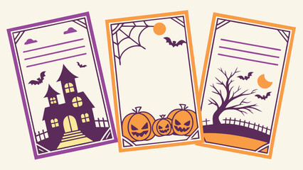 Halloween Trick or Treat Party Poster Design Set with Pumpkins, Ghosts, Bats, Spiders, Webs, Cutout Style