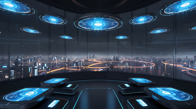 Futuristic city skyline viewed from a high tech control room with glowing blue displays
