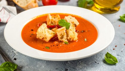 Creamy tomato soup with croutons and basil leaves, served in a white bowl