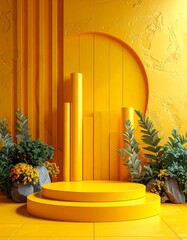 Yellow podium display with plants