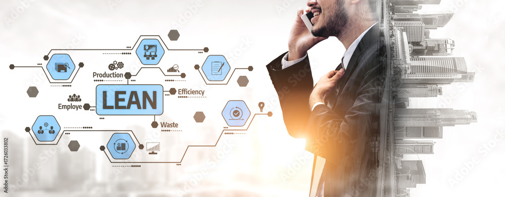 Aufkleber a businessman talking on the phone illustrates the concept of lean management with visual elements r