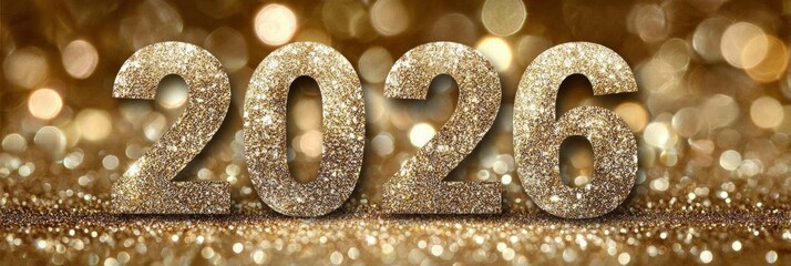 Golden glitter 2026 numbers on sparkling bokeh background evoke New Year celebration, luxury branding, and festive marketing visuals