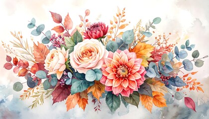 Watercolor bouquet of autumn flowers