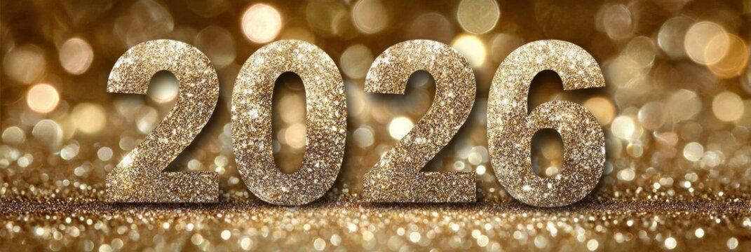Golden glitter 2026 numbers on sparkling bokeh background evoke New Year celebration, luxury branding, and festive marketing visuals