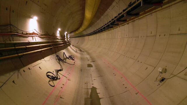 Underground metro tunnel interior during construction with concrete segment lining, utility cables, ventilation ducts, and dim industrial lighting in progress of large infrastructure engineering proje
