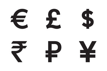 Minimal vector set of major world currency symbols: Euro, Pound Sterling, Dollar, Rupee, Ruble, and Yen