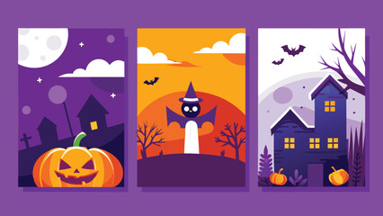 Halloween Trick or Treat Party Poster Design Set with Pumpkins, Ghosts, Bats, Spiders, Webs, Cutout Style