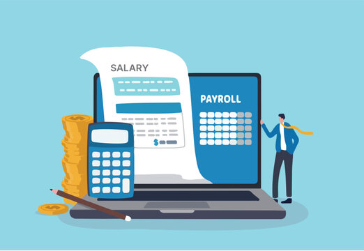 Salary payroll system, online income calculate and automatic payment, office accounting administrative or calendar pay date, employee wages concept, businessman standing with online payroll computer.