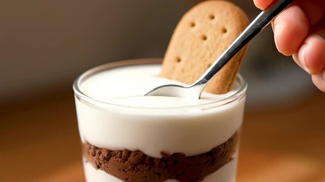 Spoon Scooping Layered Chocolate Dessert with Cookie