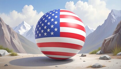 USA flag sphere in a mountainous landscape