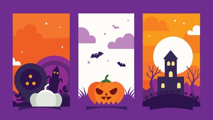 Halloween Trick or Treat Party Poster Design Set with Pumpkins, Ghosts, Bats, Spiders, Webs, Cutout Style