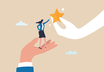 Empowerment or encouragement to help employee reach career success, woman leadership, support or help for work achievement, reward or job promotion concept, helping hand help businesswoman reach star