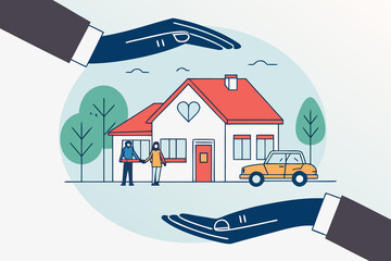 Characters hands holding car, house, umbrella and presenting various financial protection services. Health, vehicle, property, life, travel insurance concept. Vector illustration.