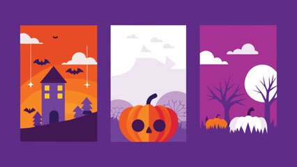 Halloween Trick or Treat Party Poster Design Set with Pumpkins, Ghosts, Bats, Spiders, Webs, Cutout Style