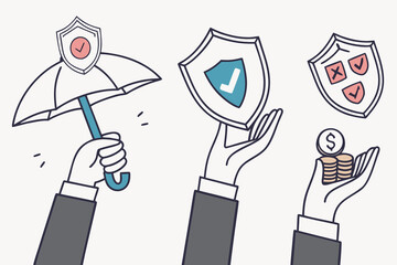 Characters hands holding car, house, umbrella and presenting various financial protection services. Health, vehicle, property, life, travel insurance concept. Vector illustration.