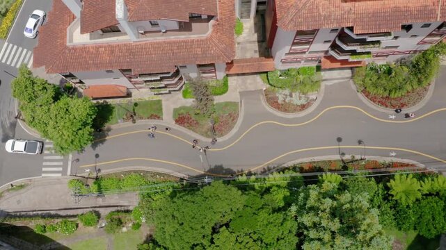 Aerial view captures cars navigating a roundabout near buildings and greenery