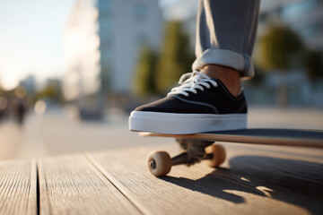 Black sneakers on skateboard detail shot