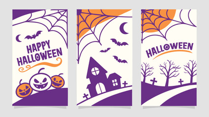 Halloween Trick or Treat Party Poster Design Set with Pumpkins, Ghosts, Bats, Spiders, Webs, Cutout Style