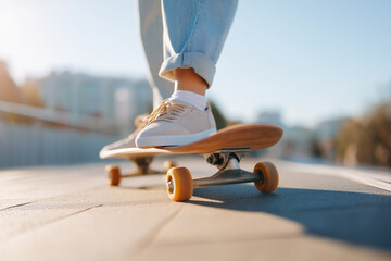 Person riding skateboard in casual sneakers