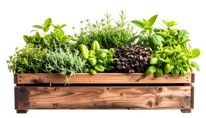 Wooden herb box filled with various herbs