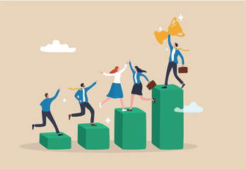 Team growth, growing business success, employee engagement, career progress, achievement or challenge, corporate ladder, motivation to win together concept, business people climb up growth graph.