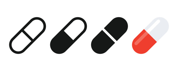 Pill icon vector. Pharmaceutical medical pill, capsules icon on white background. Medicine, health concept. Pill symbol. Vector illustration.