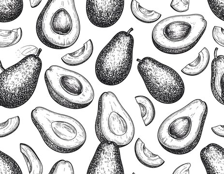 Hand-drawn avocado pattern on white background