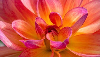 Obraz premium Close-up view of a dahlia flower's intricate petals, showcasing a vibrant blend of warm orange and pink hues.