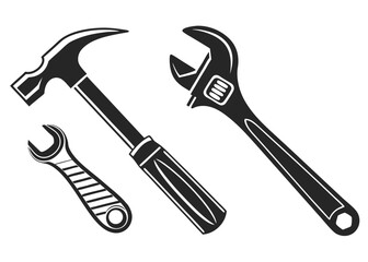 Illustration of a hammer, an adjustable wrench, and a small wrench on a white background design image created with generated ai