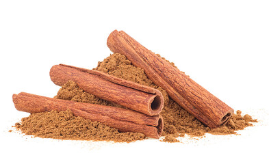 Cinnamon sticks and heap of powder isolated on a white background. Barks and milled cinnamon.