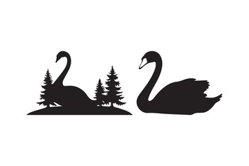Silhouette of two swans with pine trees on the left