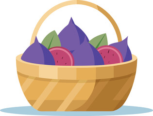 Freshly harvested ripe purple figs and slices in a woven basket