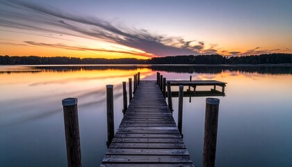 Fototapeta premium Wooden Dock at Sunset - Serene Lake Landscape.