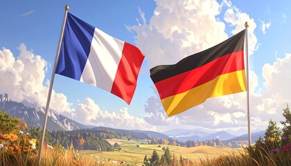 Flags of France and Germany over a scenic valley
