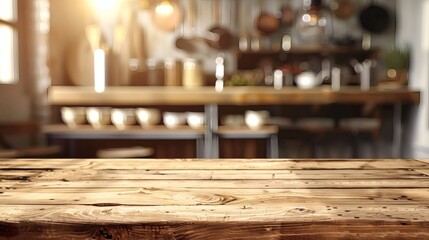 Rustic wooden tabletop in sunlit kitchen, perfect for showcasing products or adding warmth to your designs with a cozy, inviting atmosphere and ample space