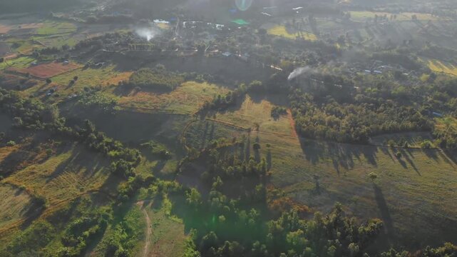 Aerial view of a lush green landscape with trees and fields