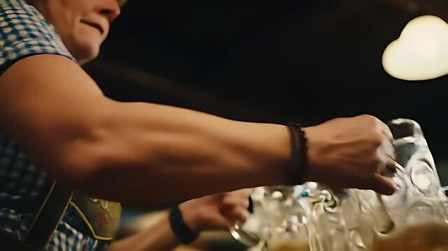 Skilled hands swiftly gather empty beer steins, expertly hooking handles onto fingers and arms for efficient transport.