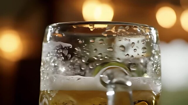 Condensation slowly drips down a cold, dimpled beer stein, creating beautiful bokeh from out-of-focus tent lights.