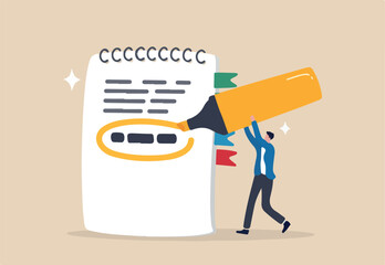 Highlight important note, serious essential word in highlight circle or underline, marked critical, vital or significant, spotlight attention concept, businessman highlight pen circle important note