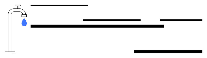 Simple water tap releasing a single blue drop with abstract horizontal lines. Ideal for themes of water conservation, sustainability, minimalism, plumbing, flow, utility, and eco-awareness. A simple