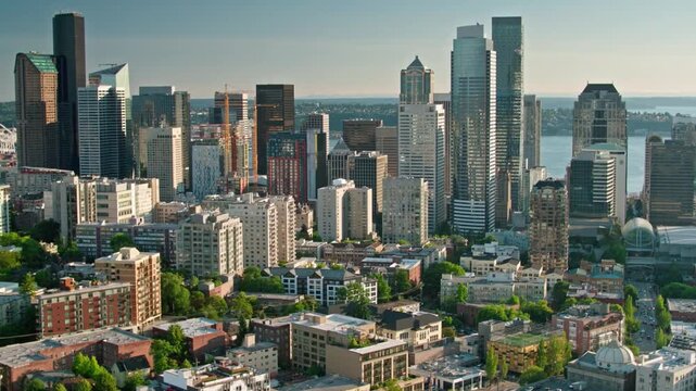 Seattle skyline towers over the city with a view of the puget sound