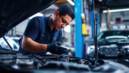 Expert mechanic works diligently on a car engine in a modern garage during daylight, showcasing precision and skill