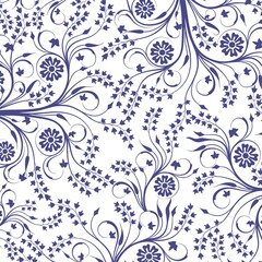 Seamless Ornamental Floral Swirl Pattern. Decorative Blue Botanical Design