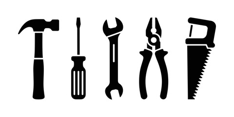 Fototapeta premium Vector set of construction and maintenance tools including hammer, screwdriver, pliers and saw.