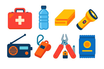 Emergency Supply Icons. Flat vector icons of emergency supplies: first aid kit, water bottle, emergency blanket, flashlight, radio