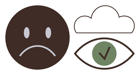 Sad face, cloud, and an eye with a green check mark conveying emotions, approval, and mindset. Ideal for feedback, mood, decision-making mental health motivation emotions and communication. A