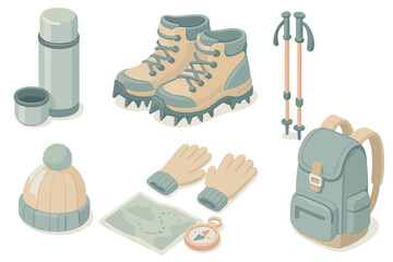 Winter Hiking Gear. Isometric vector illustration set Winter Hiking Essentials: thermal flask with cup, snow boots with spikes,