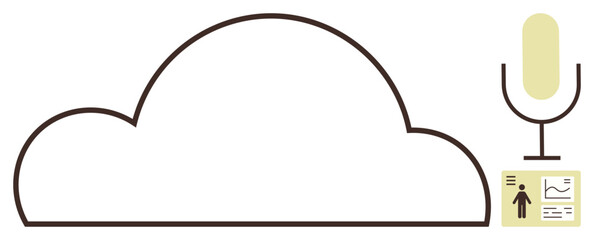 Cloud outline connected to a microphone and a data sheet with charts and figures. Ideal for technology, data storage, communication, cloud services, analytics, audio tools, innovation. Simple flat